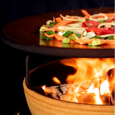 Nahaufnahme Feuerschale mit keramischer Wokplatte